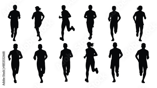 A collection of running people in various poses depicted as a black silhouette