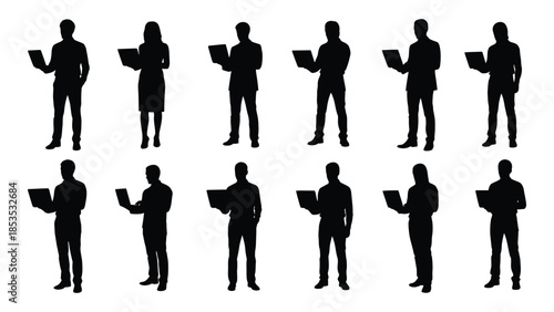 Group of people holding papers presenting ideas or reading in a dark silhouette