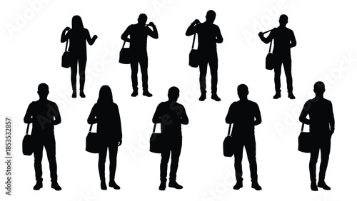 A collection of black silhouettes depicting people carrying bags various poses silhouette