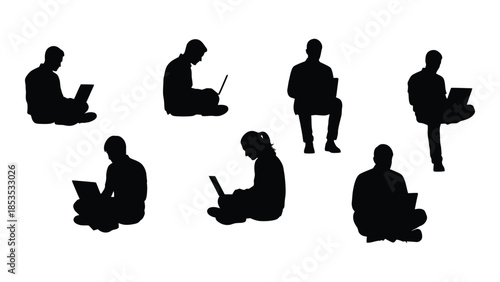 Diverse group of people working and relaxing with laptops a striking silhouette