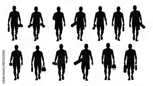A collection of diverse people walking with bags presented as a striking silhouette