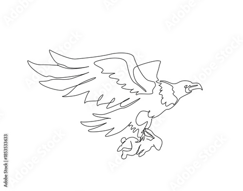 One Line Drawing of Eagle or Hawk Catching a Rabbit in Flight. Eagle or hawk, in the moment of a successful hunt illustration.