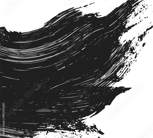 Wide curved black ink paint splash with textured edges on white