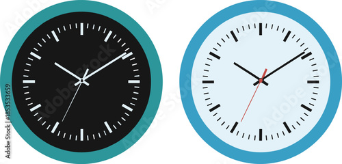 Modern wall clock set icon showing dark and light round clocks with minimalist analog time display design