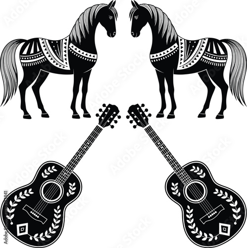 Two Black Horses and Two Guitars with Patterns white
