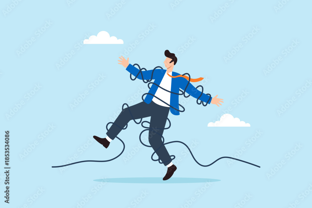 Ταπετσαρία Flat illustration of businessman tangled in messy cable wire tripping and losing