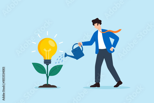 Flat illustration of businessman watering growing lightbulb plant symbolizing innovation development creativity and nurturing new ideas