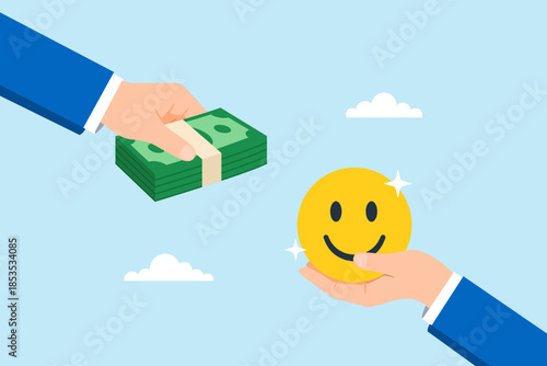 Flat illustration of hands exchanging money stack for smiling emoji face symbolizing buying happiness satisfaction and emotional value