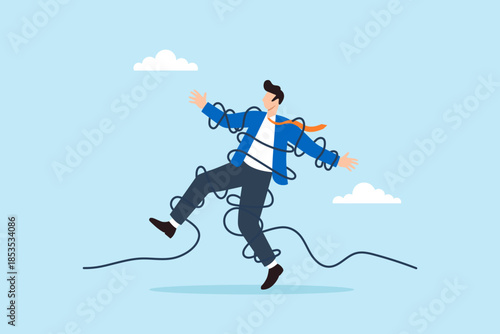 Flat illustration of businessman tangled in messy cable wire tripping and losing balance symbolizing workplace chaos confusion distraction and overwhelmed