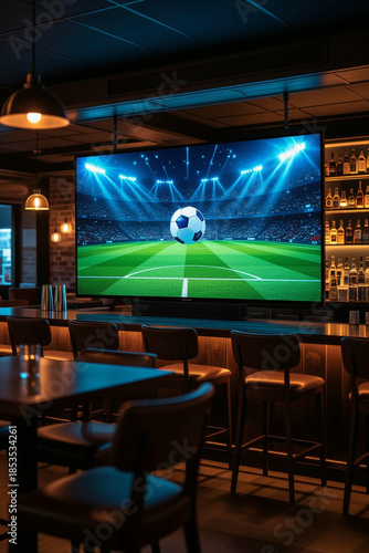 A dimly lit bar offers a cozy atmosphere, its focus on the large-screen television, where a vibrant soccer match unfolds.