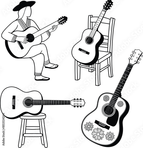 Person Playing Guitar with Three Guitars music black and white