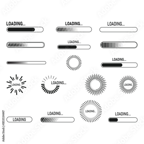 Collection of various loading bar and spinner icons in black and white vector illustration