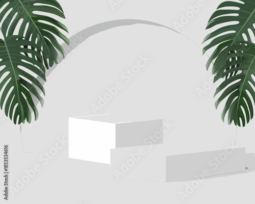 Minimalist white podium with tropical monstera leaves and arched backdrop