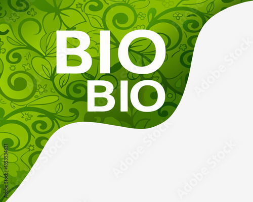 Bio bio text over a vibrant green floral and swirling pattern backdrop