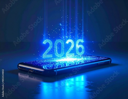 2026 Hologram Emerging from Smartphone with Futuristic Blue Light