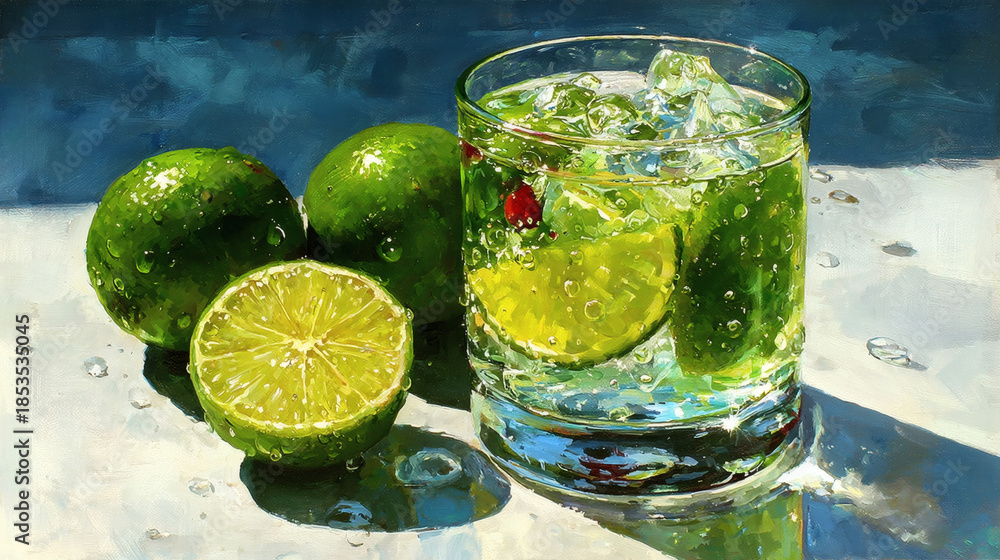Fototapeta premium A hyper-realistic glass of sparkling water, condensation trickling, with a vibrant lime twist, on a pure white surface
