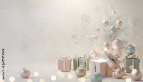 Christmas tree with decorated baubles and gift boxes on white background - Concept of Hybrid holidays Christmas and New Year in different cultures  