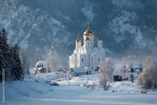 Serene snowy landscape with historic white church and gold domes