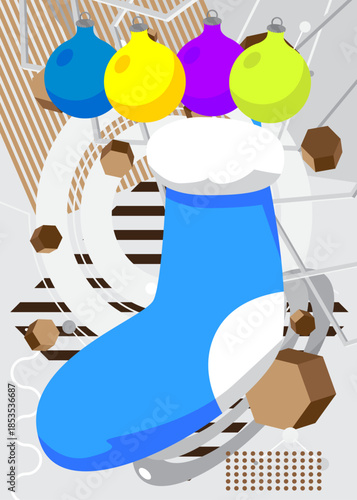 Christmas stocking and decoration ball geometrical graphic retro theme background. Minimal geometric elements. Vintage abstract shapes vector illustration.