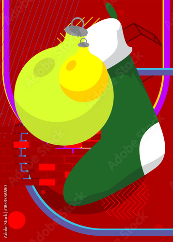 Christmas stocking and decoration ball geometrical graphic retro theme background. Minimal geometric elements. Vintage abstract shapes vector illustration.