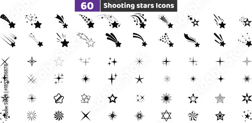 Shooting Stars Icons Set, Falling Comet Tail and Star Trail Vector Collection