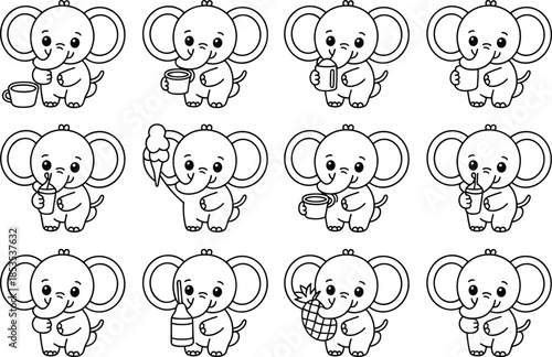 Cute cartoon elephants enjoying various drinks and snacks
