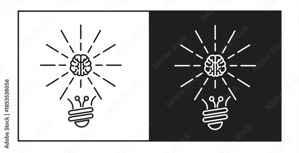 Naklejka premium Light bulb icon with human brain, Innovation, solution, inspiration, education concept. Idea generation, brainstorming, intelligent thinking, vector illustration.