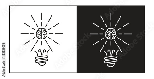 Light bulb icon with human brain, Innovation, solution, inspiration, education concept. Idea generation, brainstorming, intelligent thinking, vector illustration.

