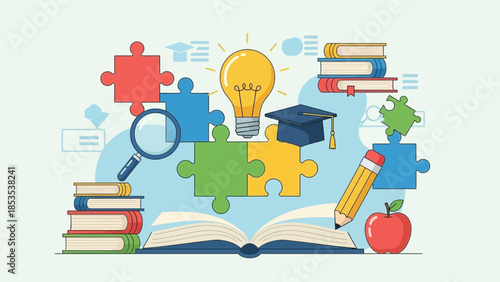 Education concept with books, puzzle pieces, and learning symbols