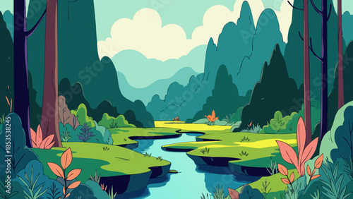 Vector Landscape Illustration of Dense Foliage and Stream in Dark Green Tones