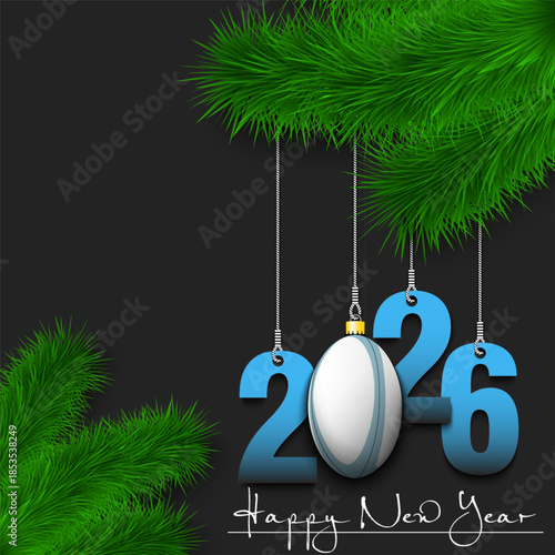 Happy New Year. Numbers 2026 and rugby ball as a Christmas decorations hanging on a Christmas tree branch. Design pattern for greeting card, banner, poster, flyer, invitation. Vector illustration