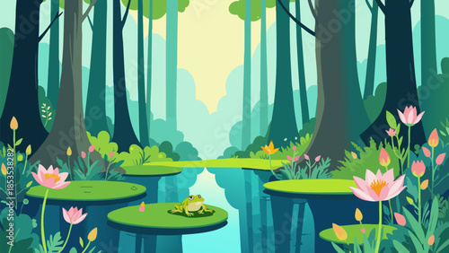 Magical Forest Pond with Frog Vector Illustration