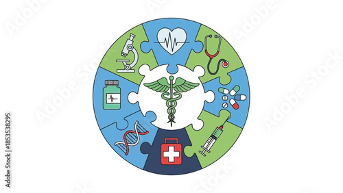 Medical symbols puzzle with caduceus in center representing healthcare unity