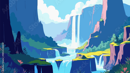 Majestic Vector Illustration of Blue Rocky Cliffs and Waterfall Landscape