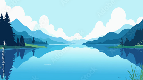 Tranquil Sapphire Blue Lake Landscape in Vector Illustration Style