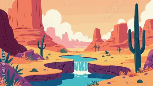 Vector Illustration of a Desert Oasis Landscape with Waterfall in Warm Orange Tones