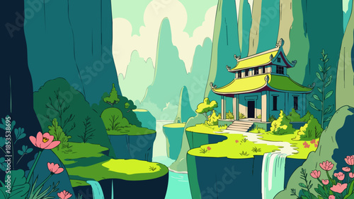 Overgrown Ancient Temple Landscape in Moss Green Vector Illustration