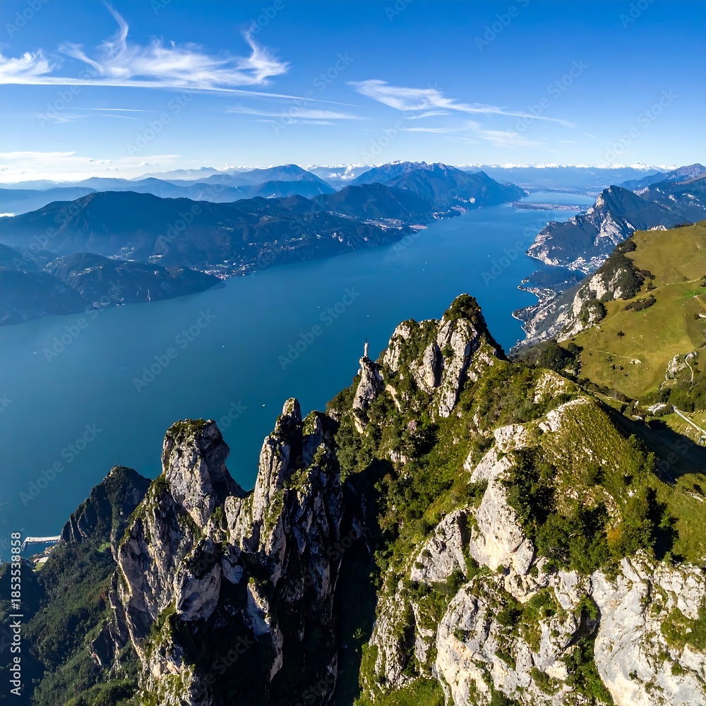 Obraz premium Aerial view of a mountain range overlooking a vast, sparkling lake