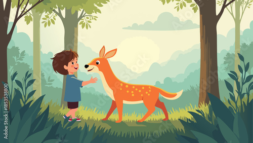 Minimalist Travel Poster: Child and Forest Animal Interaction, Care for Wildlife Theme
