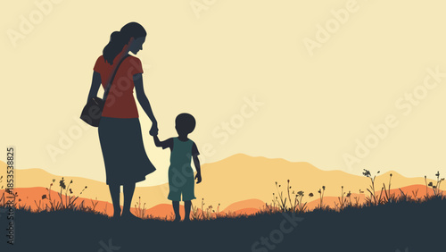 Minimalist Travel Poster: Mother Holding Child's Hand, Endless Devotion