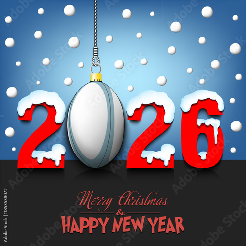 Merry Christmas and Happy New Year. Number 2026 and rugby ball as a Christmas decorations hanging on strings amid falling snow on a mirror surface. Pattern for greeting card. Vector illustration