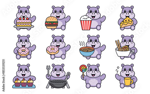 Purple Hippo Characters Enjoying Various Foods and Drinks