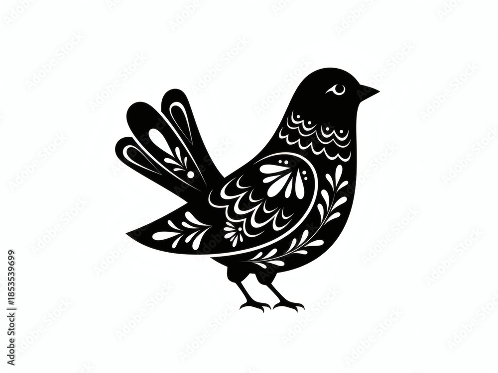 Fototapeta premium Black Silhouette Folk Art Bird Icon, Minimalist Symmetrical Ethnic Design Element Isolated