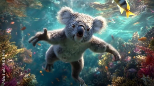 A curious koala glides underwater among vivid coral fish and bubbles beneath sunlit bluegreen water