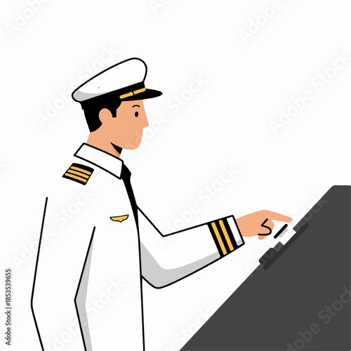 Professional Airline Captain Pilot in White Uniform Operating Controls or Digital Interface.
