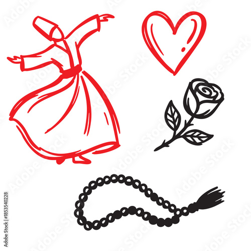 Hand Drawn Whirling Dervish and Heart Doodle