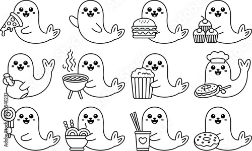 Cute Ghost Characters Enjoying Various Foods and Drinks 1