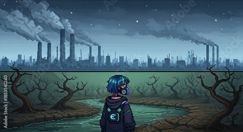 Pixel art of a lone figure in a gas mask observing a polluted industrial landscape under a dark sky.