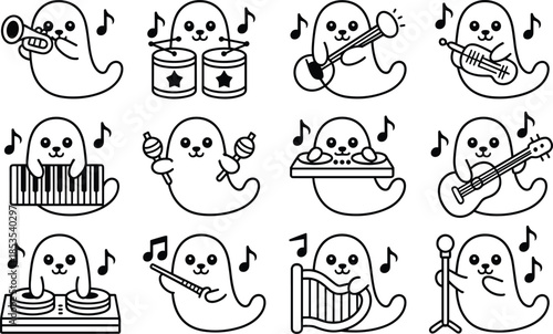 Cute Ghost Characters Playing Various Musical Instruments