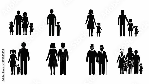 Collection of diverse family unit icons in silhouette style.